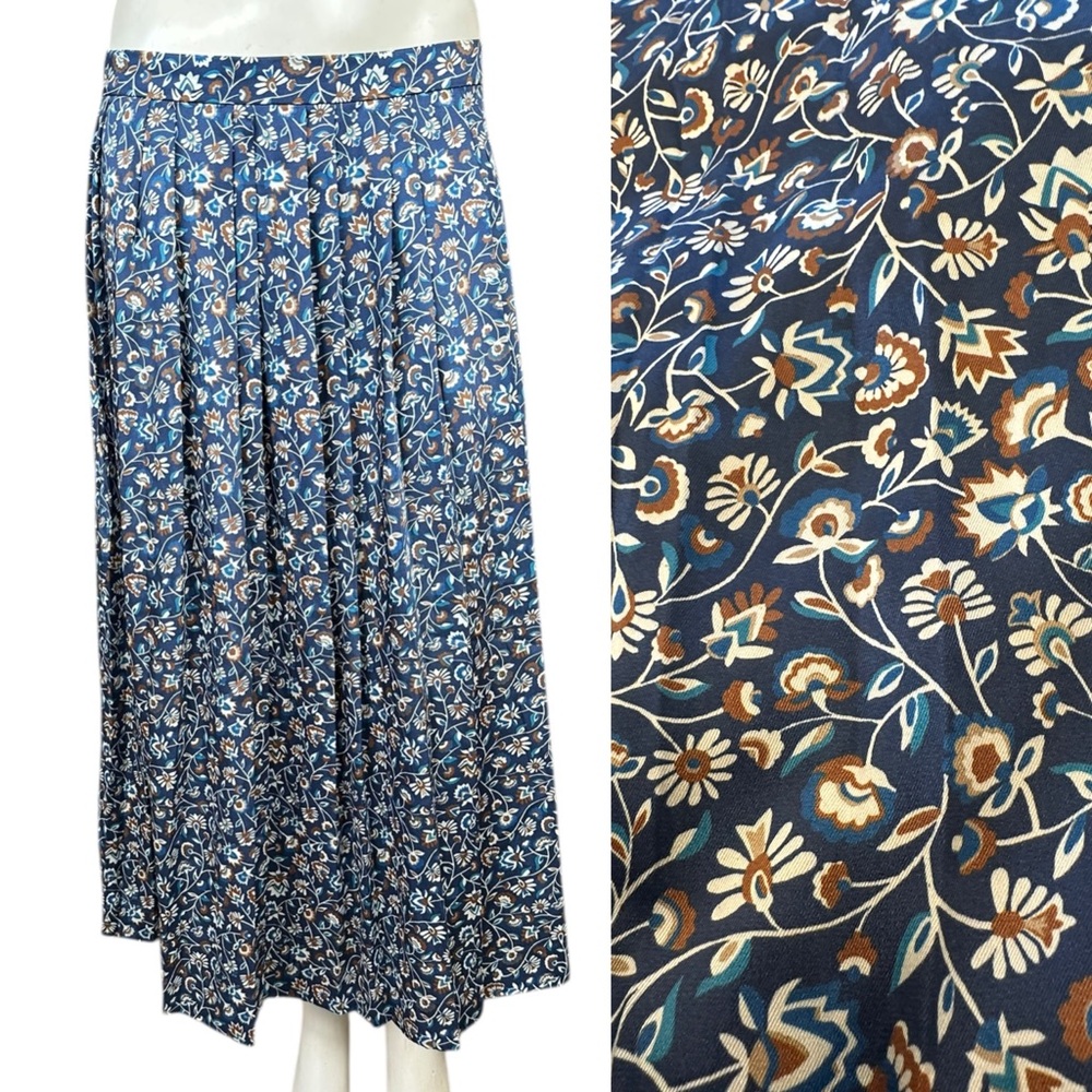 J. McLaughlin Navy Blue Cream Brown All Over Floral Print Pleated Midi Skirt 8
